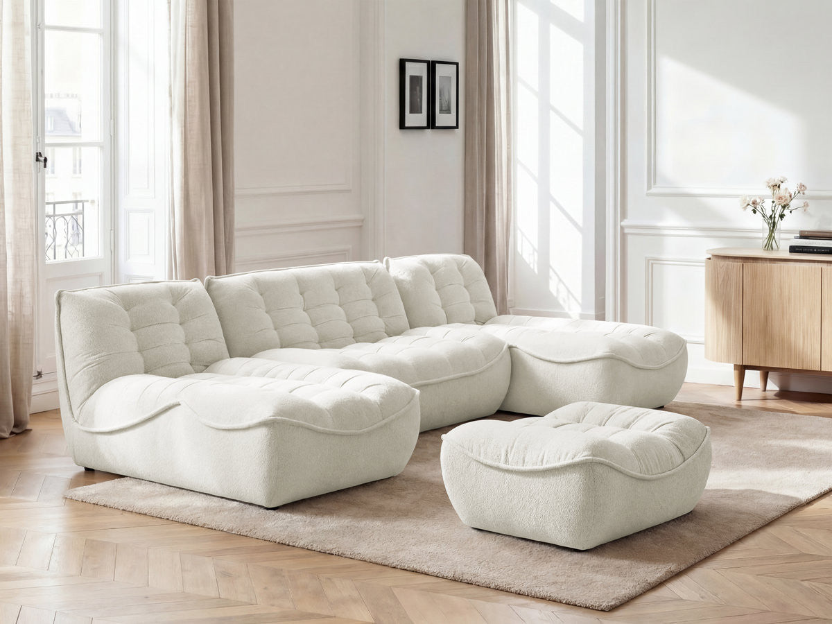 Canapé panoramique fixe modulable SERENA tissu chiné avec pouf