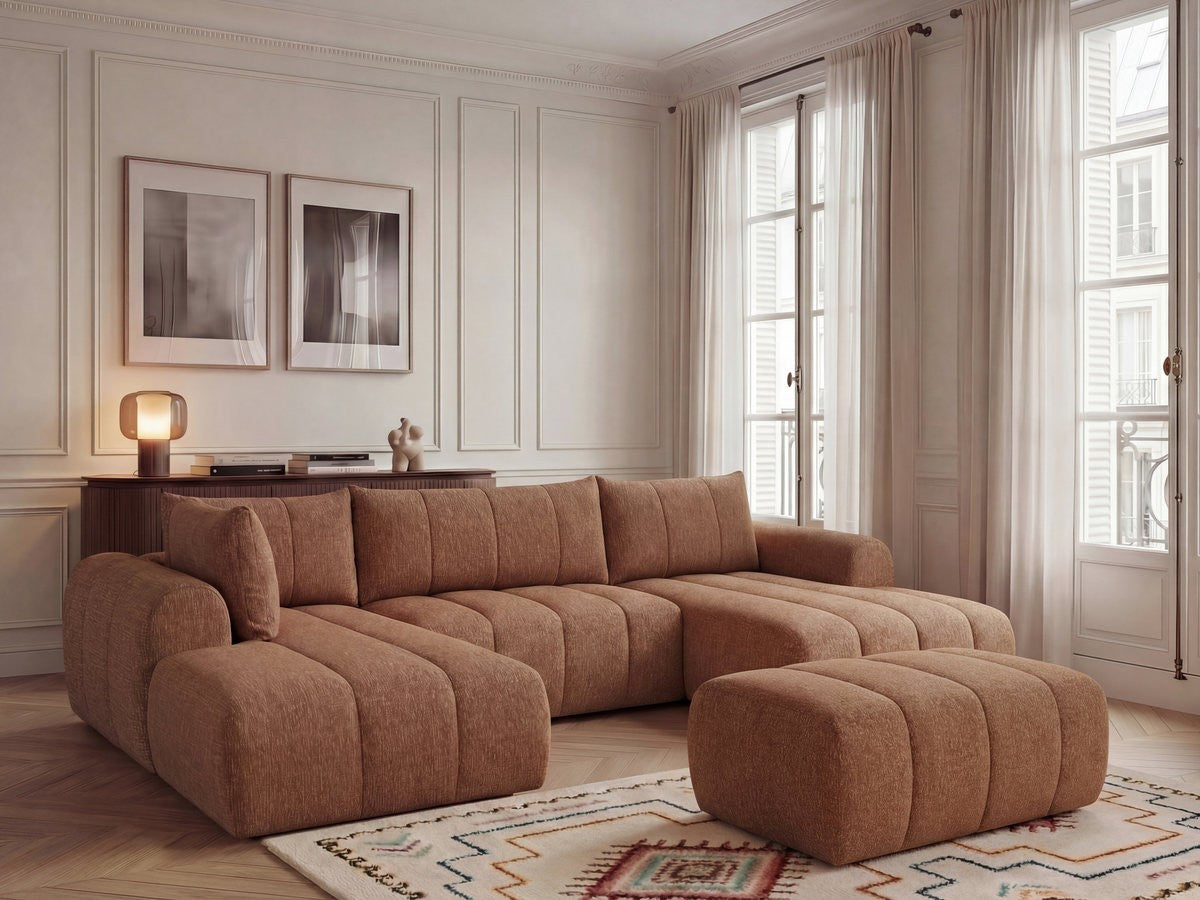 NESTY vaste panoramabank in gemêleerde stof met voetenbank