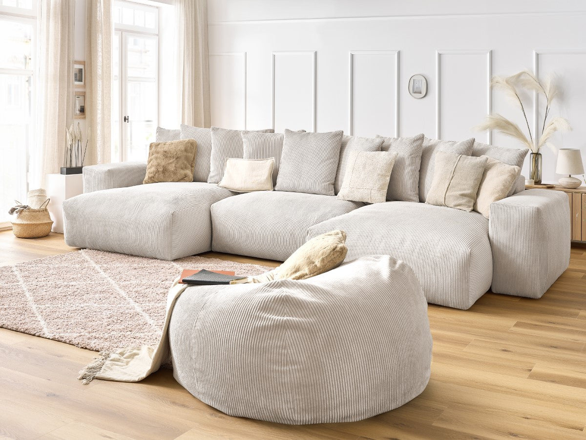 Canapé panoramique fixe VOLTAIRE velours côtelé avec pouf