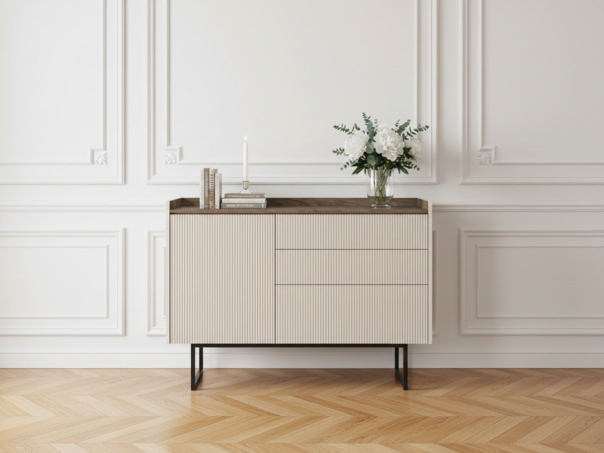 Commode 3 tiroirs 1 porte 118 cm LOUNA beige et effet bois avec tasseaux et LED