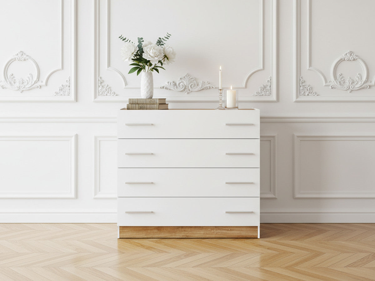 Commode 4 tiroirs ZENITA Blanc et chêne