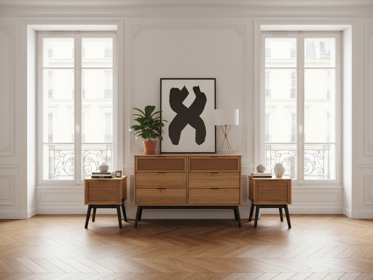 ALBI set met ladekast 120 cm + set van 2 nachtkastjes van massief hout en rotan