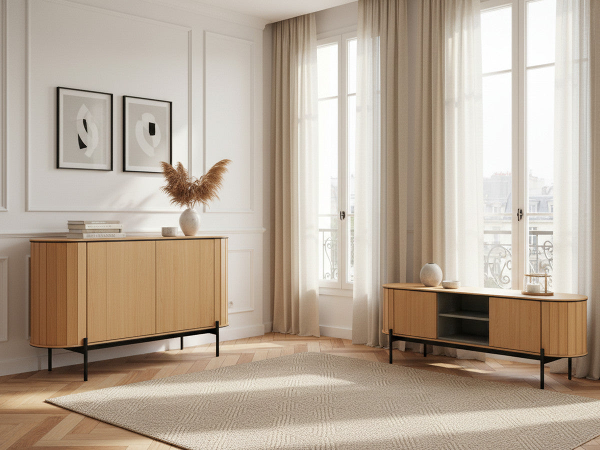 Ensemble AMBOISE avec buffet arrondi 124 cm + meuble TV 168 cm couleur chêne