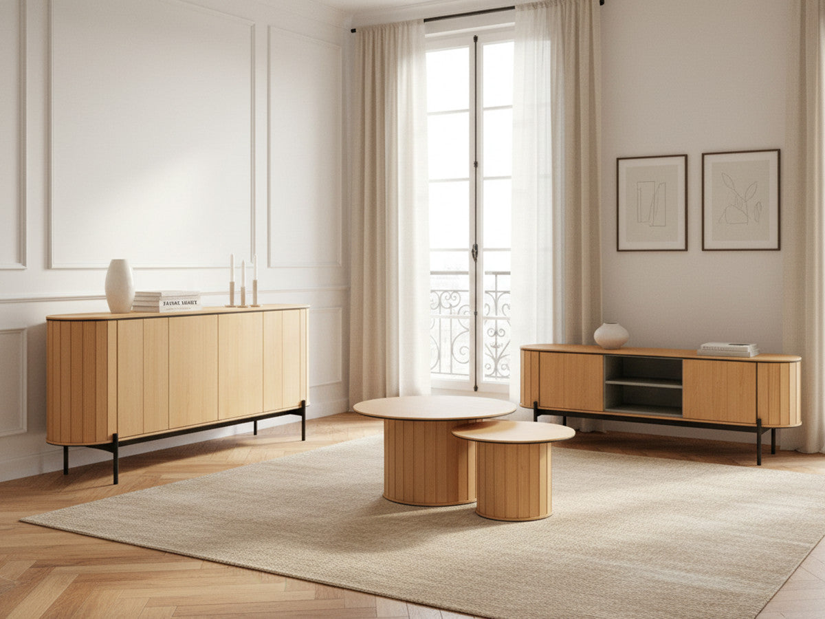 Ensemble AMBOISE avec buffet arrondi 168 cm + meuble TV 168 cm + 2 tables basses couleur chêne