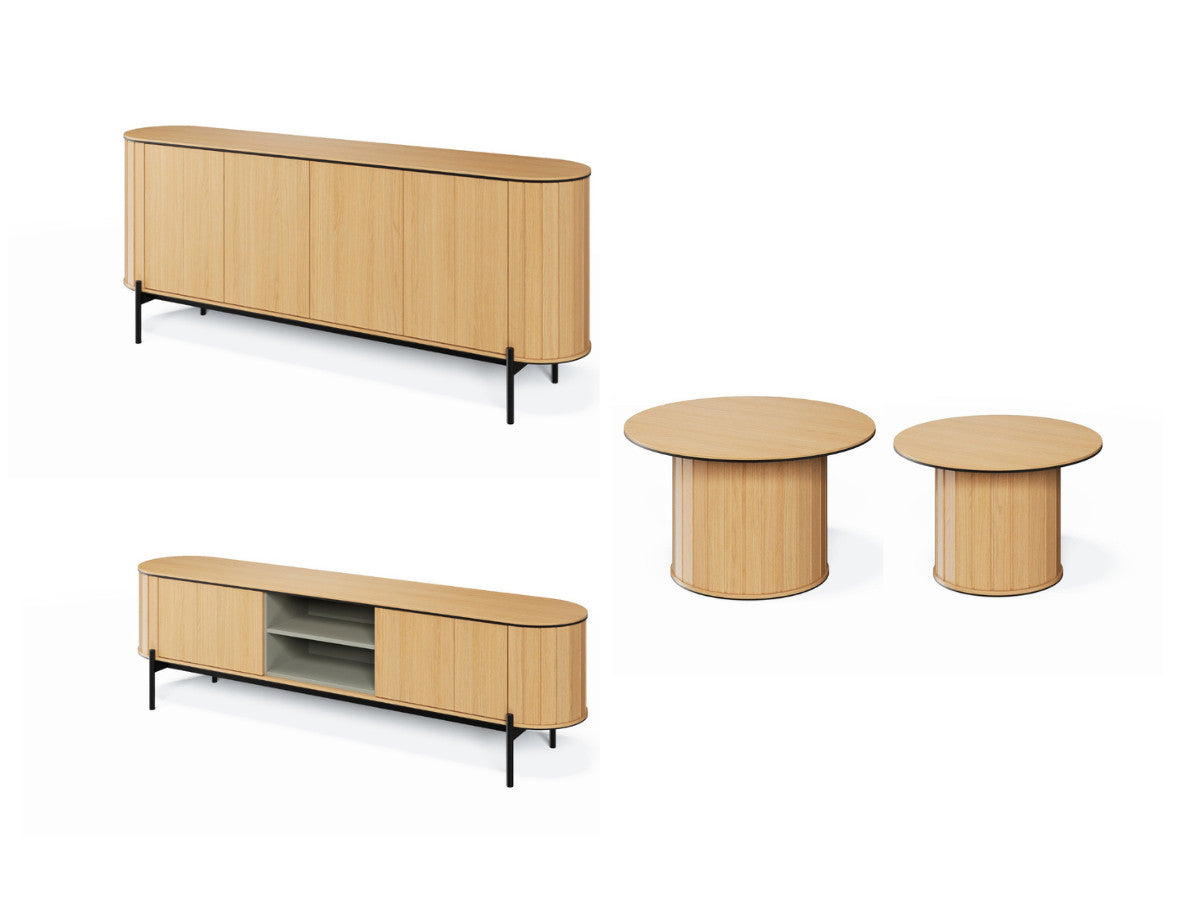 Ensemble AMBOISE avec buffet arrondi 200 cm + meuble TV 200 cm + 2 tables basses couleur chêne
