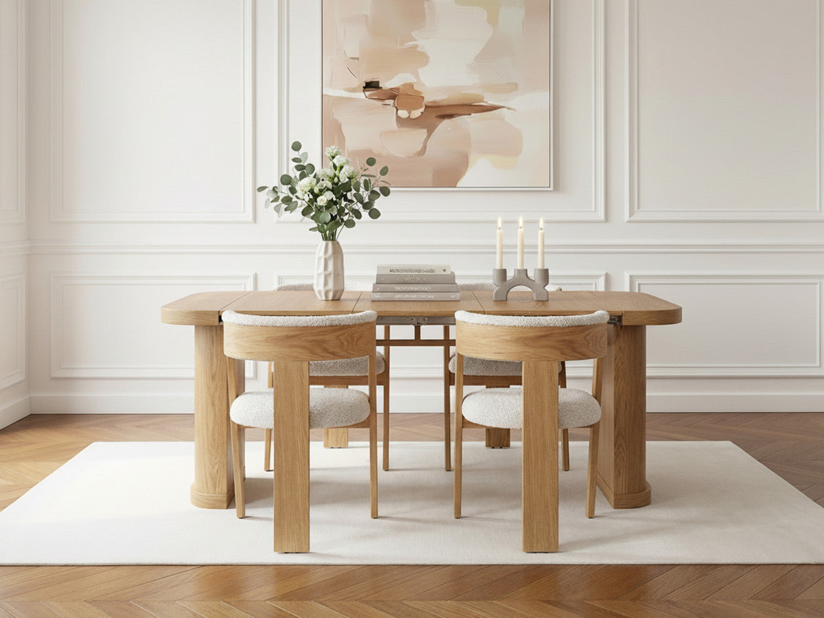 CASSIS uitschuifbare consoletafel (43-187 cm) + 4 BORELY stoelen van massief eikenfineer en boucléstof