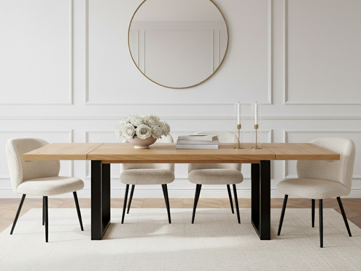 Ensemble AWANI avec table à manger extensible pieds carrés chêne massif + chaises velours côtelé