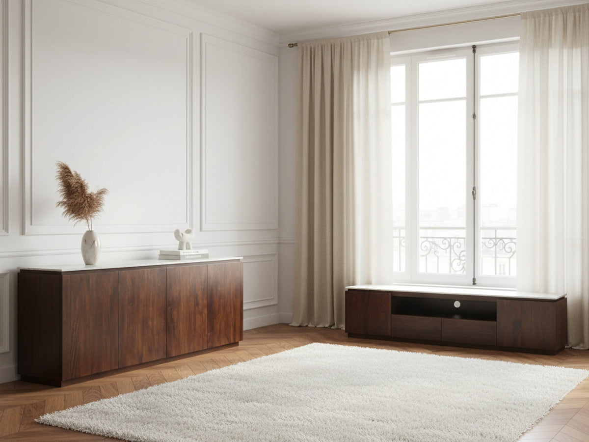 BARBARA set met dressoir van 200 cm + tv-meubel van 200 cm, uitgevoerd in massief mangohout en marmer.