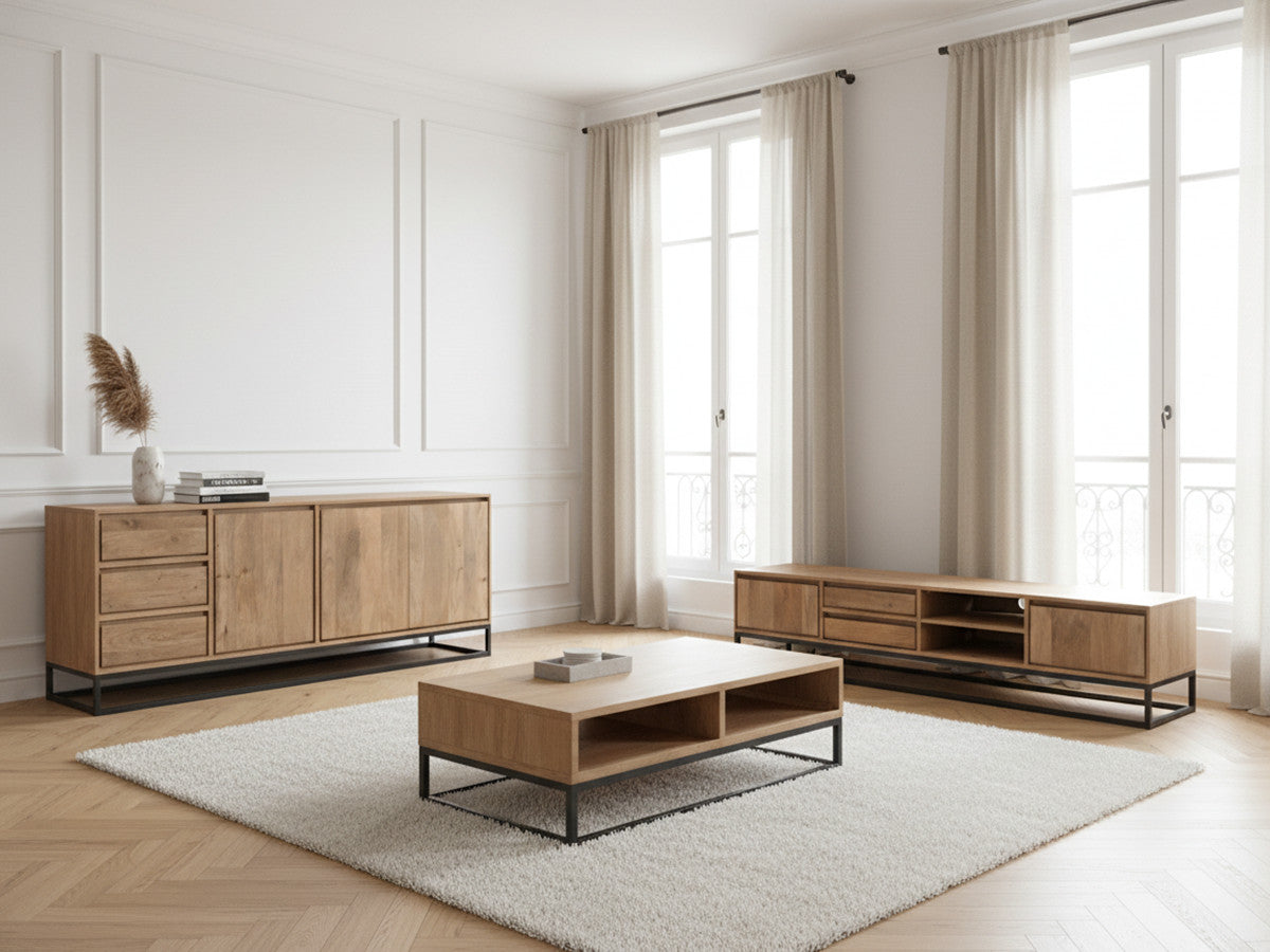 BERGERAC set met dressoir van 190 cm + tv-meubel van 200 cm + salontafel van massief mangohout