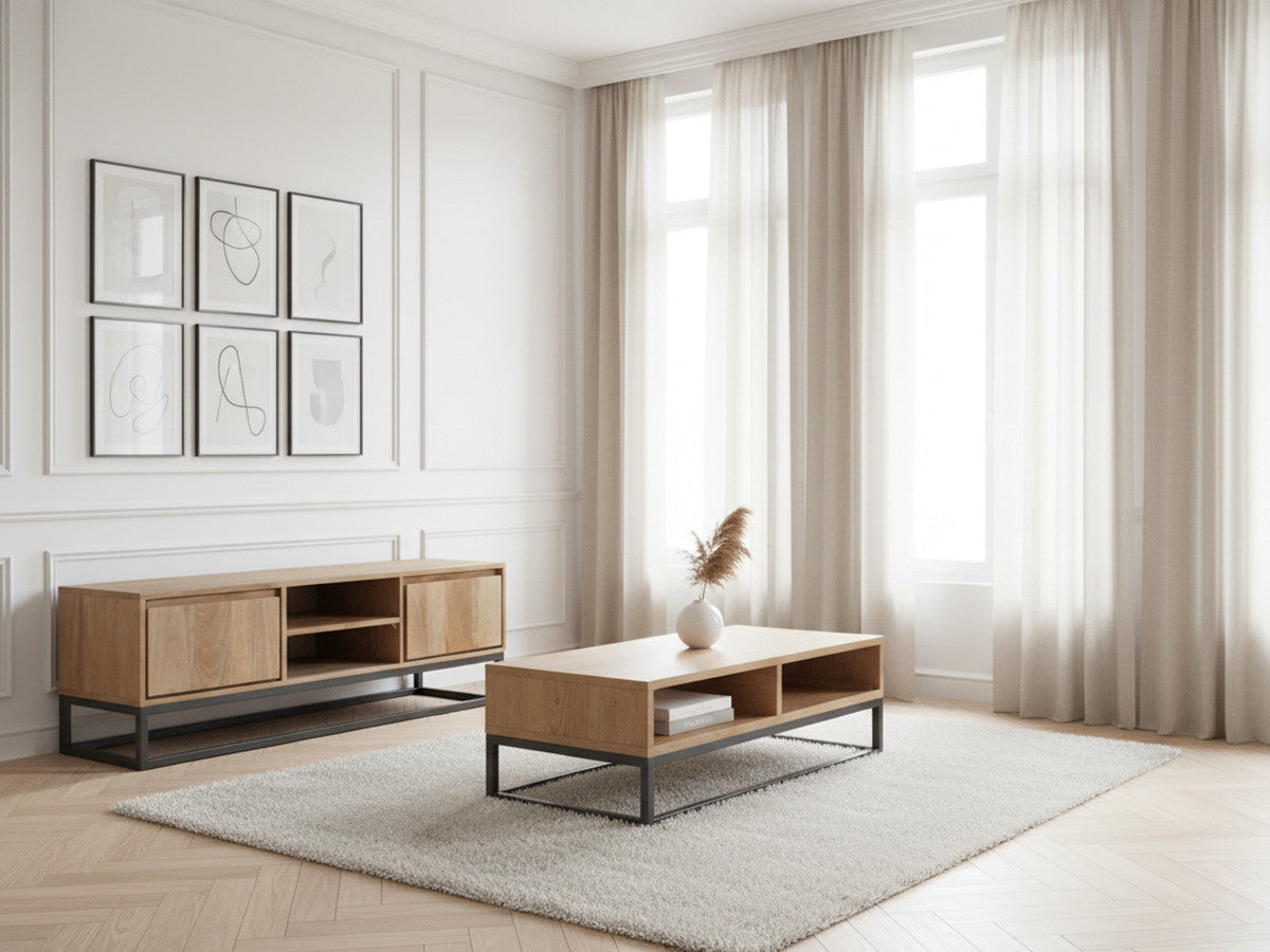 BERGERAC set met tv-meubel van 140 cm en salontafel van massief mangohout.