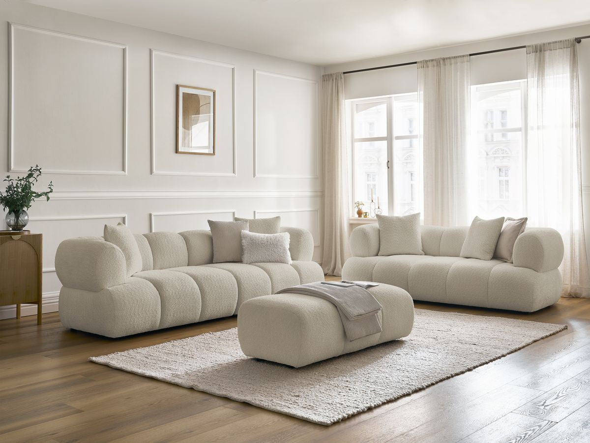 Ensemble canapé droit fixe 3 + 2 places PAMIRA tissu bouclette avec pouf