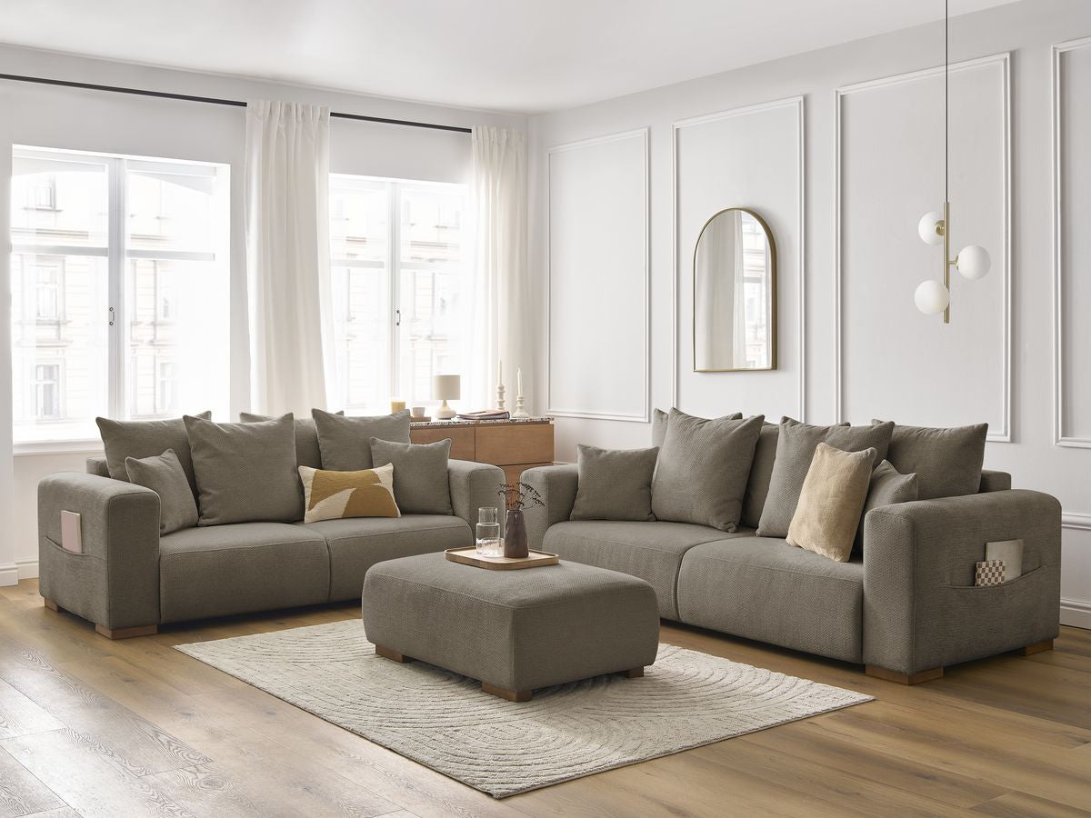 SIDONIE vaste 3 + 2 zits rechte bankset in gem?leerde stof met poef