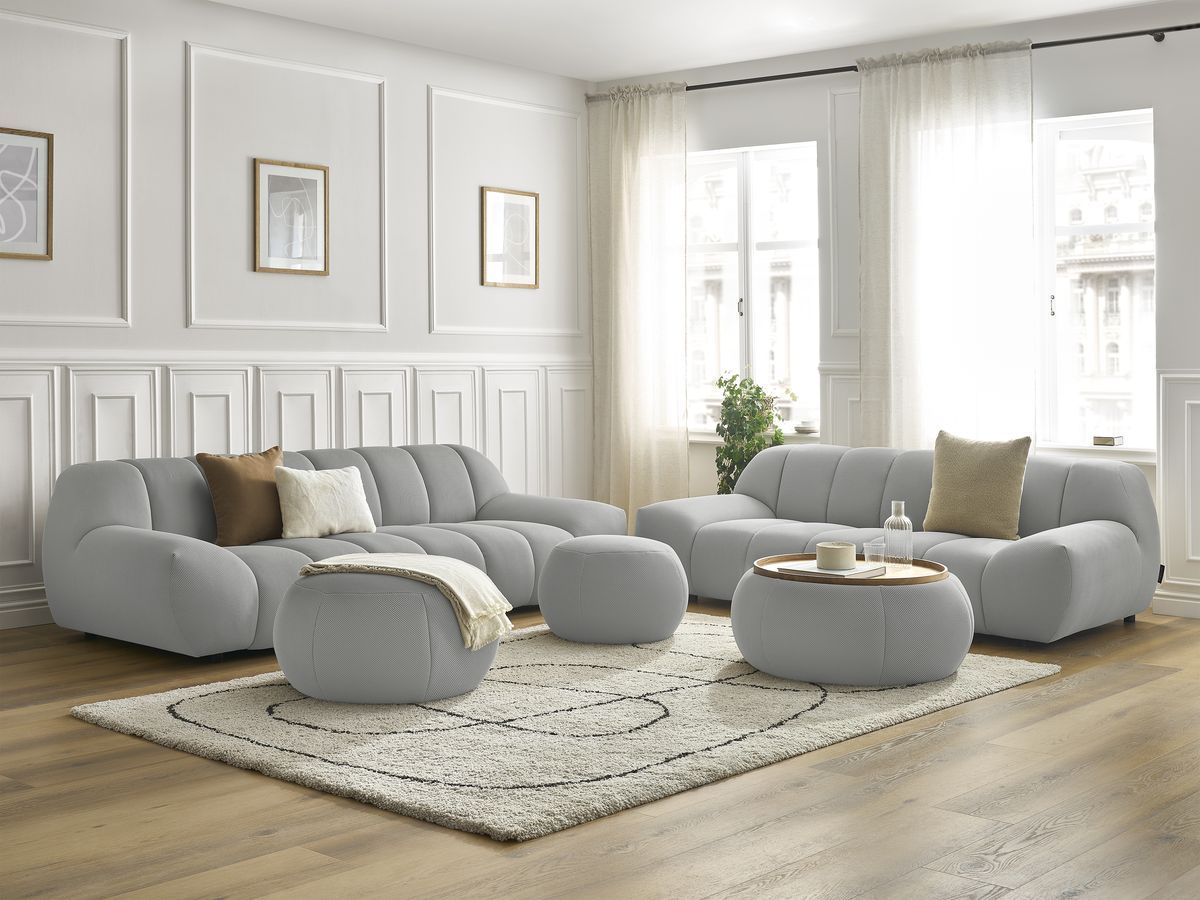 Ensemble canapé droit fixe 3 + 2 places HAYDEN tissu mesh avec 1 pouf grand avec plateau, 1 pouf grand et 1 pouf petit