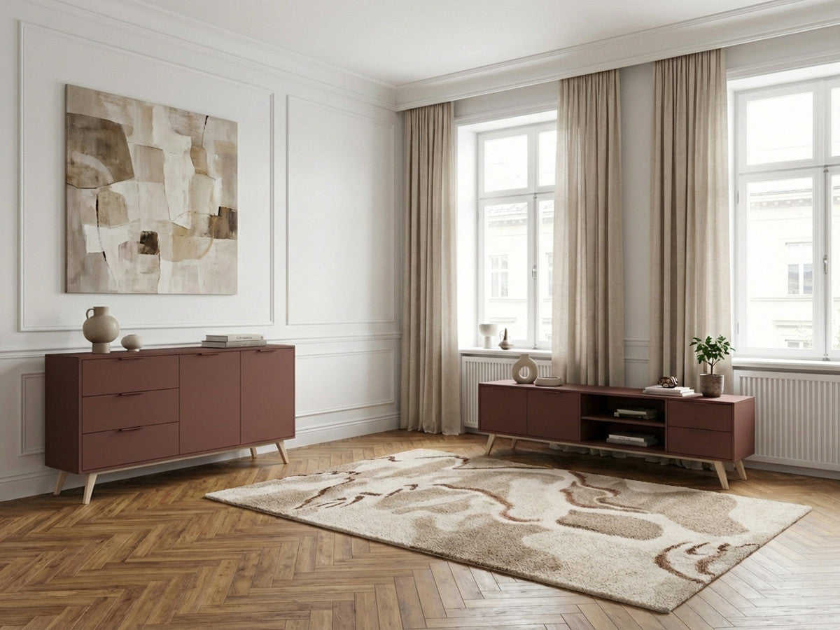 CAPUS set met dressoir van 140 cm en tv-meubel van 180 cm in terracotta gelakt grenenhout