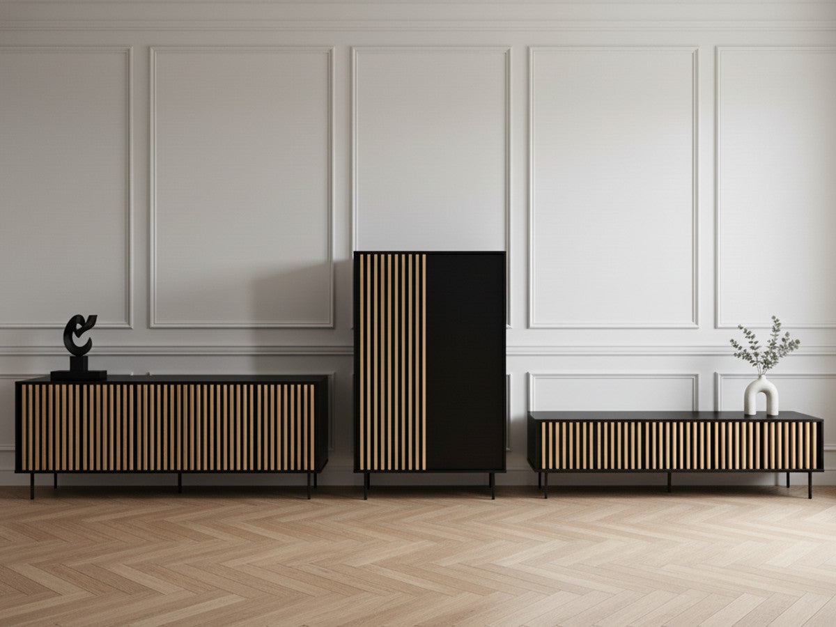 CORNEILLE set met 220 cm dressoir + 220 cm tv-meubel + 100 cm hoog dressoir met massief grenen latten