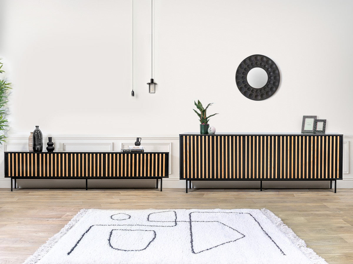 Ensemble CORNEILLE avec buffet 220 cm + meuble TV 220 cm tasseaux pin massif