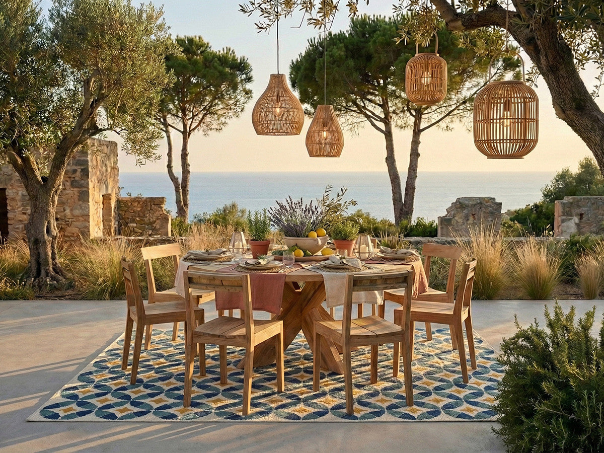 LUNE tuinset met tafel van 150 cm diameter + 8 teakhouten stoelen