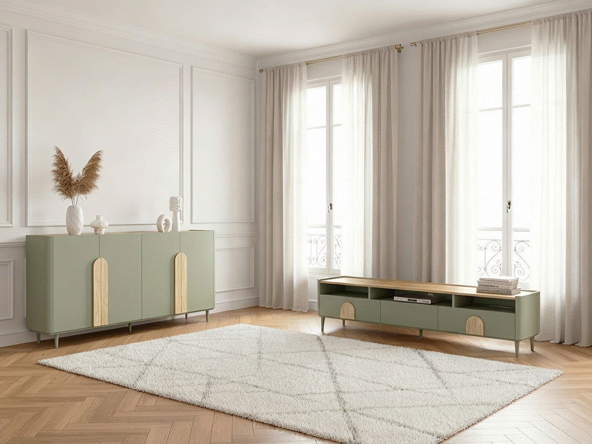 ENYRA set met dressoir van 200 cm + tv-meubel van 200 cm met 2 lades en massief houten poten