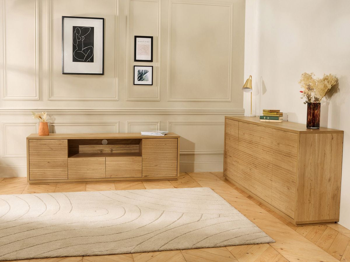 Ensemble FERRET avec buffet 180 cm + meuble TV 180 cm effet tasseaux de bois