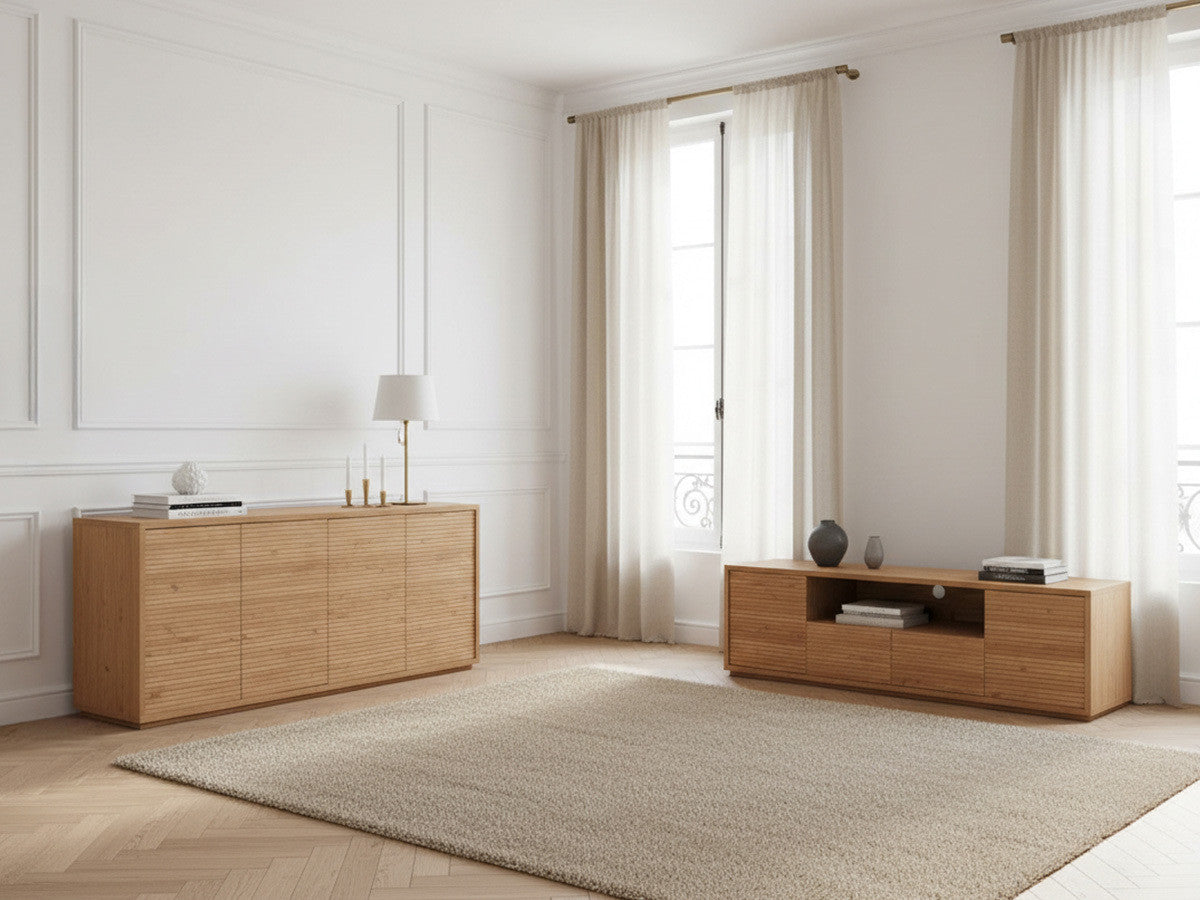 FERRET set met 180 cm dressoir + 180 cm tv-meubel met houten lamelleneffect