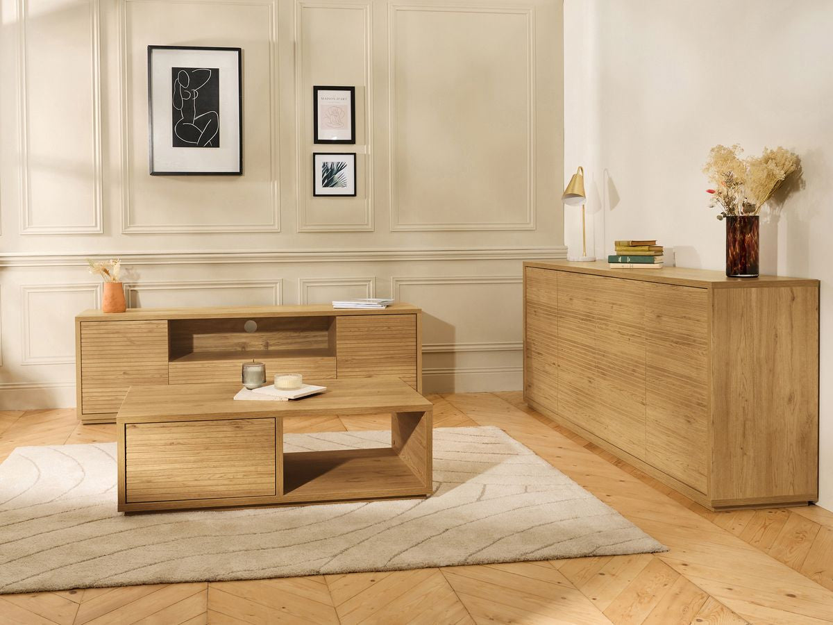 Ensemble FERRET avec buffet 180 cm + meuble TV 180 cm + table basse 100 cm effet tasseaux de bois