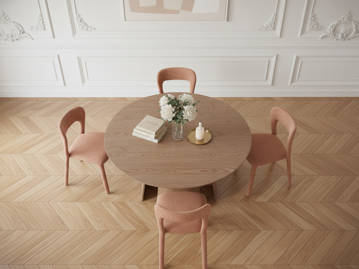 GASTON eethoekset met ronde eikenfineer tafel van 120 cm + 4 PIA stoelen