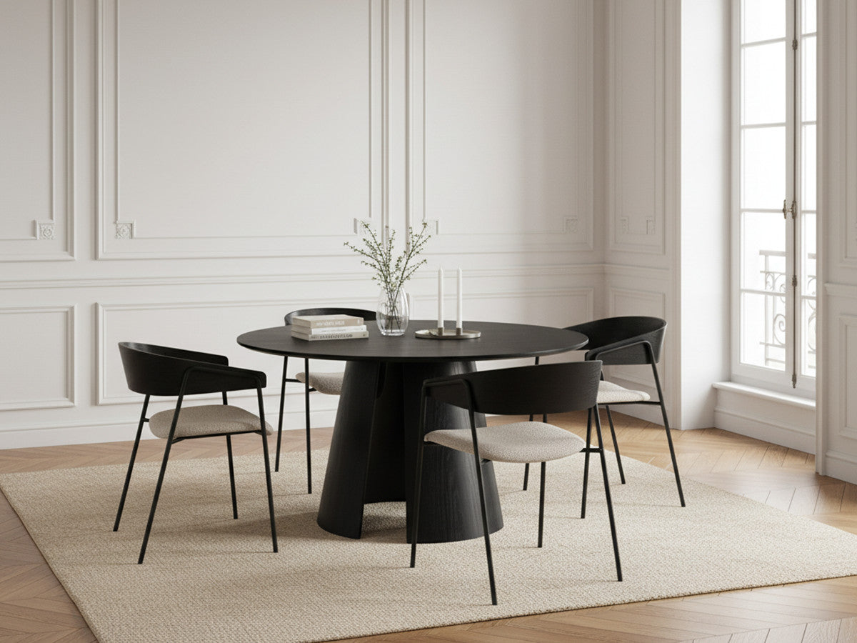 GASTON eethoek met ronde eikenfineer tafel van 120 cm + SOREN stoelen met structuurstof