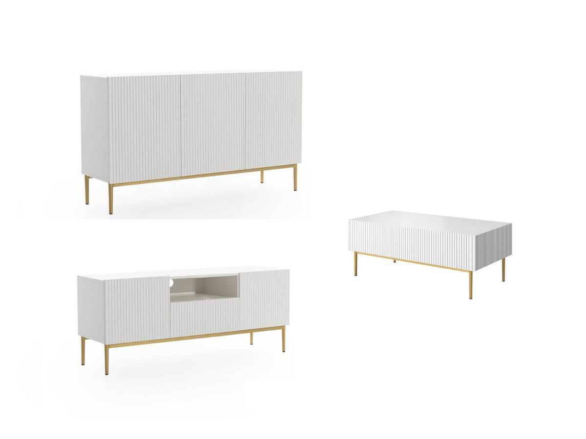 Ensemble KASHA avec meuble TV 150 cm avec niche + buffet 150 cm + table basse pieds or