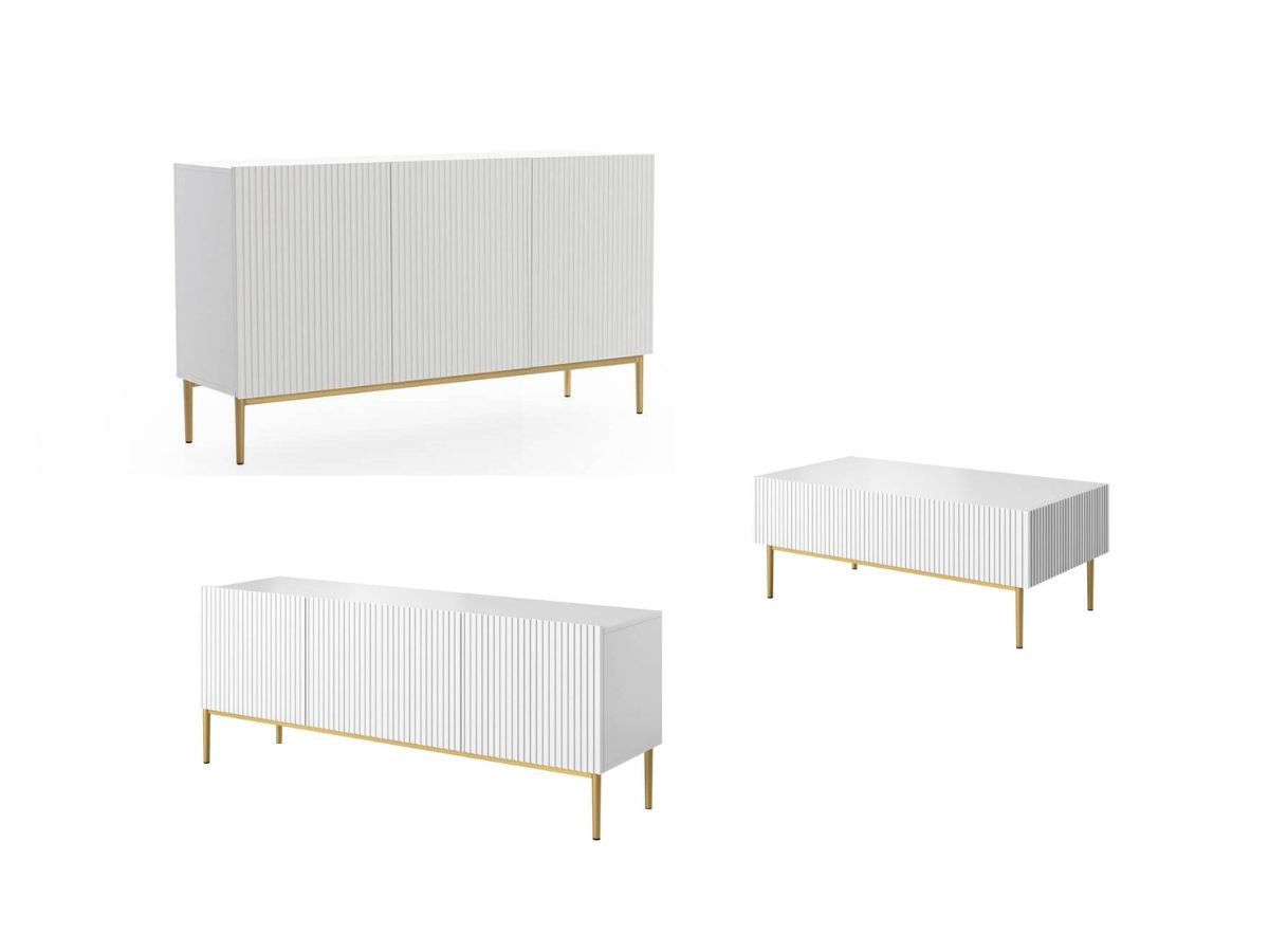 Ensemble KASHA avec meuble TV 150 cm + buffet 150 cm + table basse pieds or
