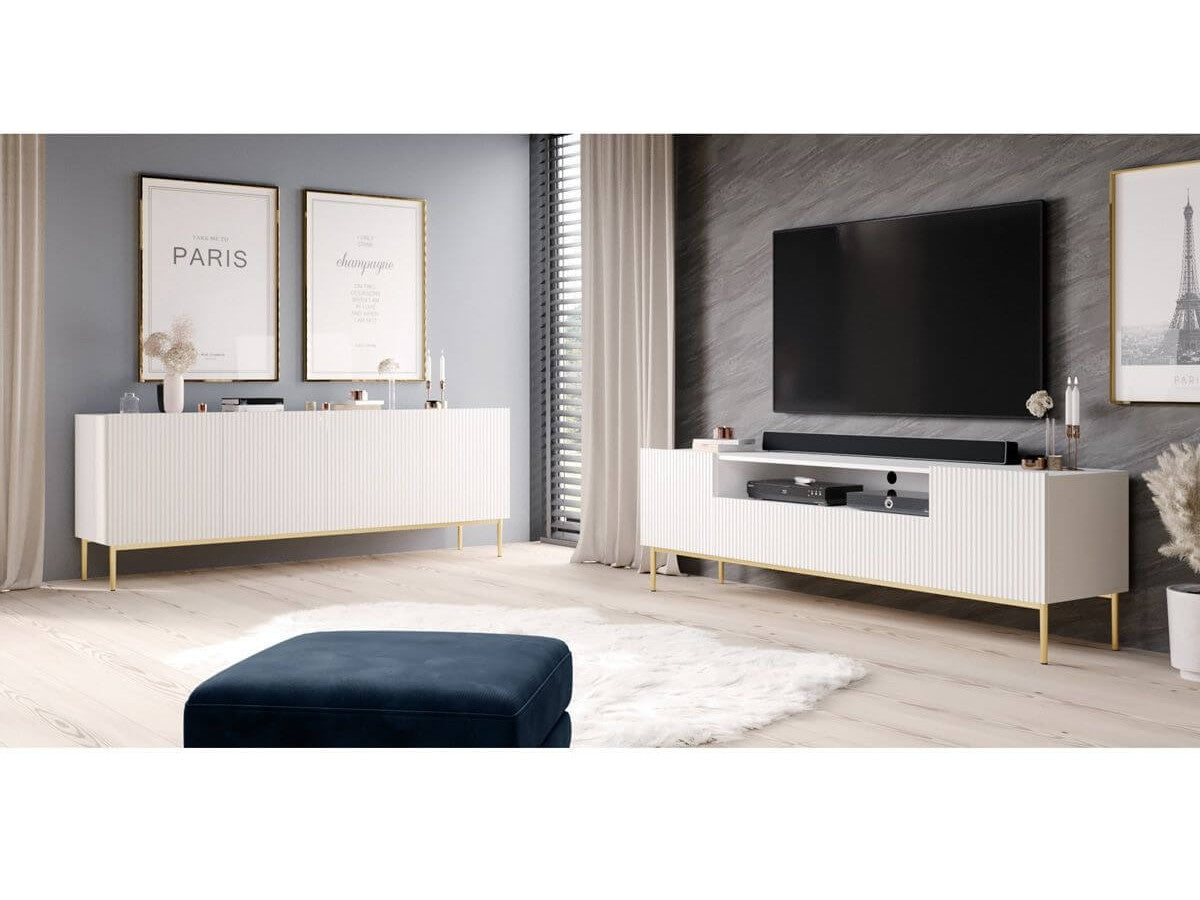 Ensemble KASHA avec Meuble TV 200 cm avec niche + Buffet 4 portes 200 cm pieds or