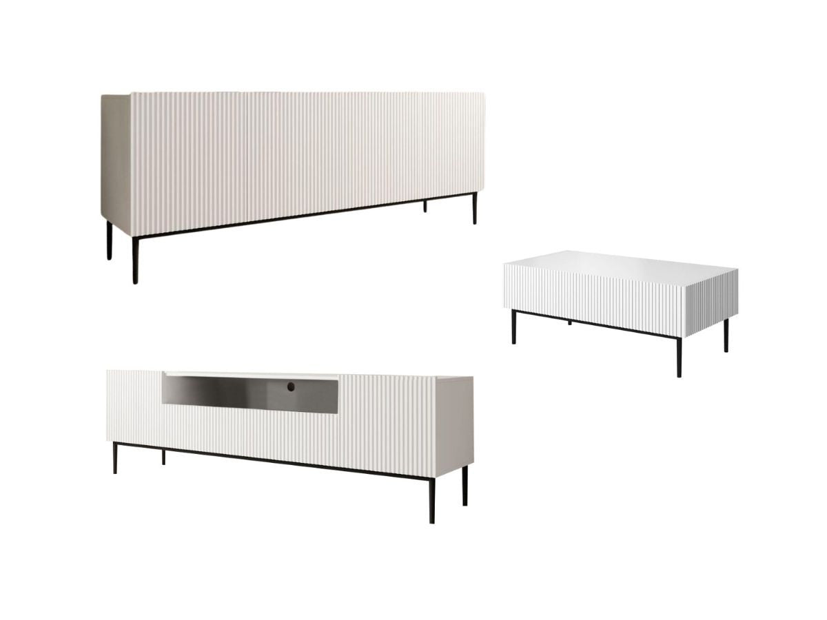 Ensemble KASHA avec meuble TV 200 cm avec niche + buffet 4 portes 200 cm + table basse pieds noirs