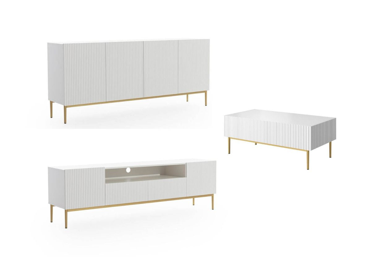 Ensemble KASHA avec meuble TV 200 cm avec niche + buffet 4 portes 200 cm + table basse pieds or