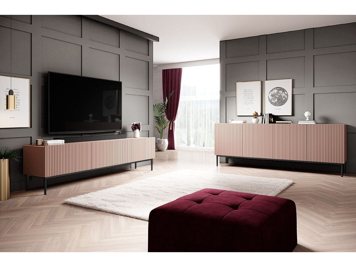 Ensemble KASHA avec Meuble TV 200 cm + Buffet 4 portes 200 cm pieds noirs