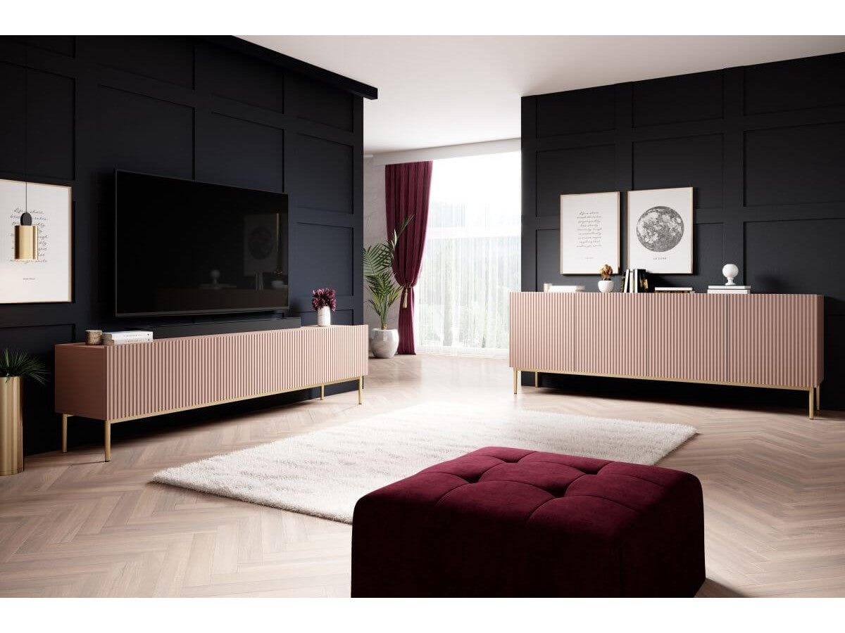 Ensemble KASHA avec Meuble TV 200 cm + Buffet 4 portes 200 cm pieds or