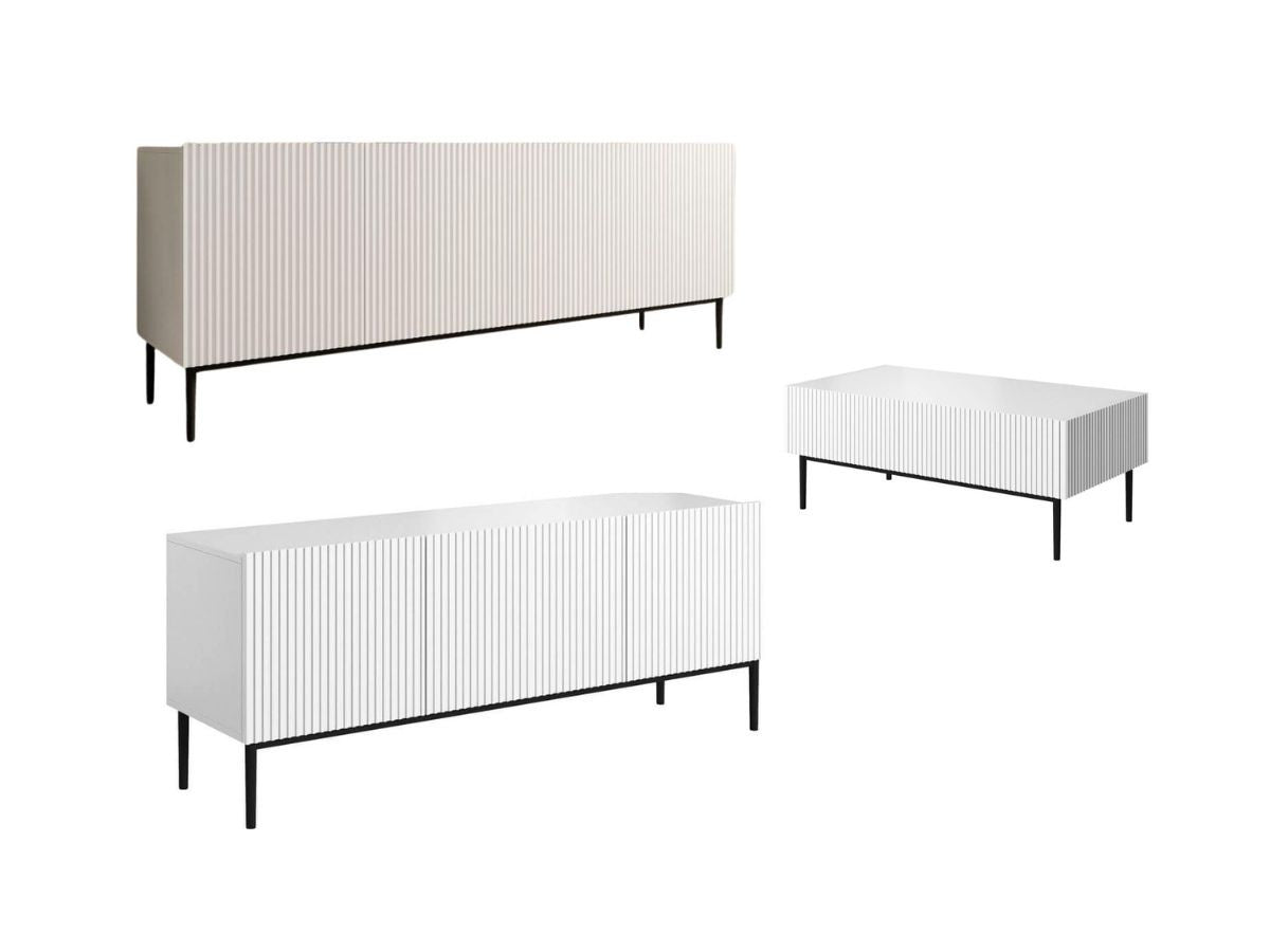 Ensemble KASHA avec meuble TV 200 cm + buffet 4 portes 200 cm + table basse pieds noirs