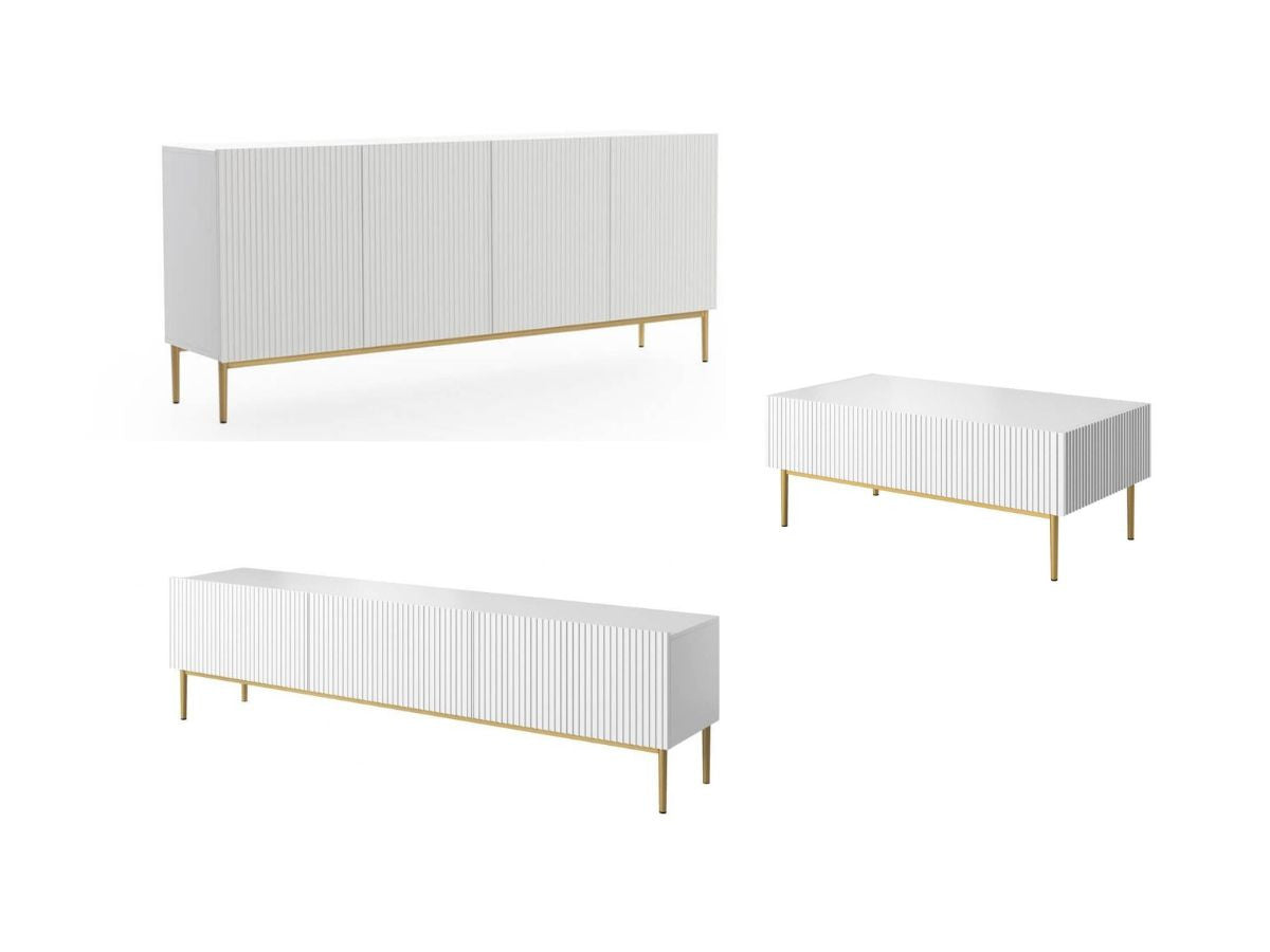 Ensemble KASHA avec meuble TV 200 cm + buffet 4 portes 200 cm + table basse pieds or