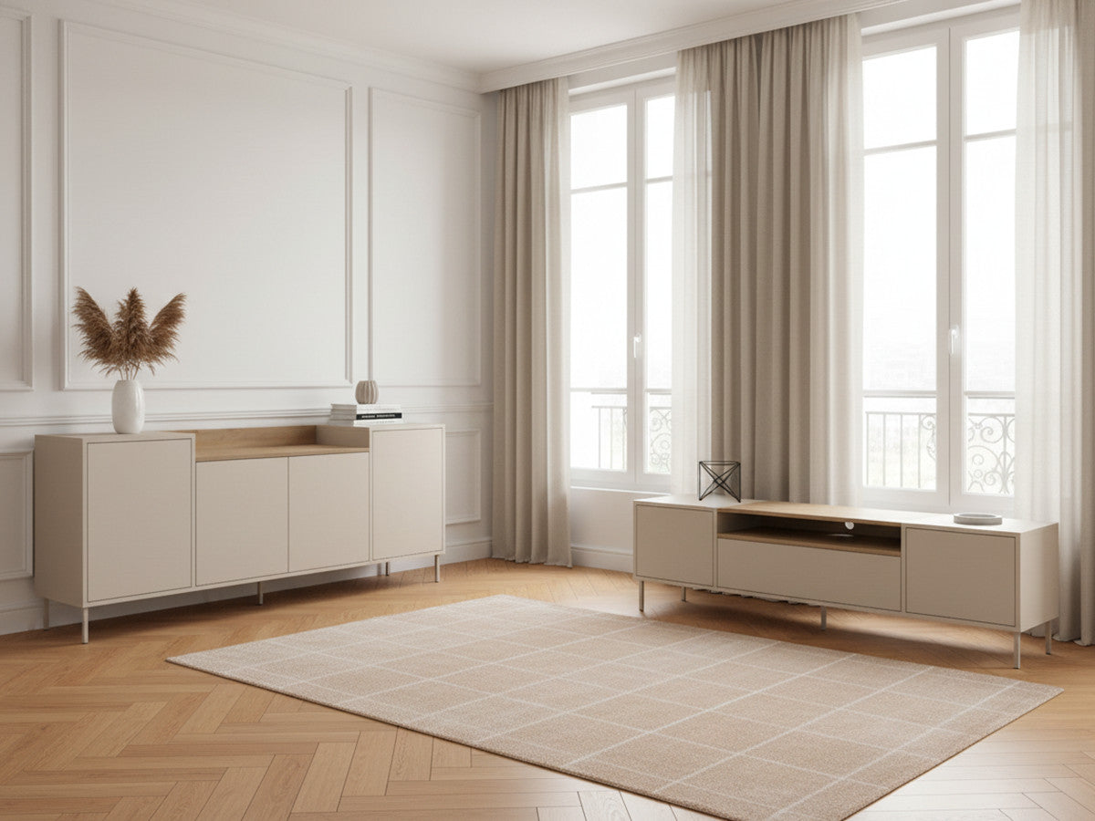 Set LINO buffet 200 cm + TV-meubel 180 cm eiken effect blad en metalen poten