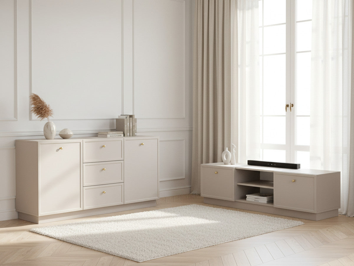 LORINA set met dressoir van 150 cm + tv-meubel van 150 cm met gouden handgrepen