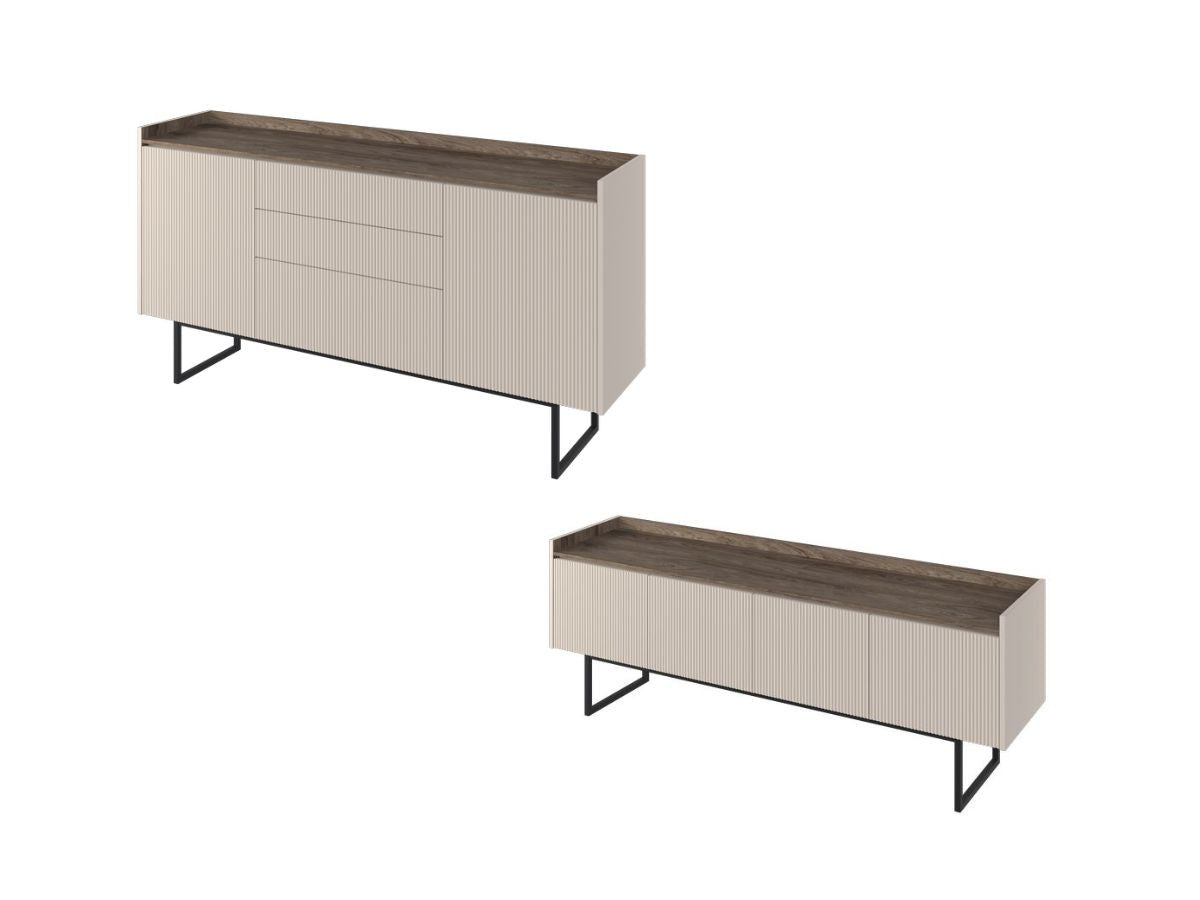 Ensemble LOUNA avec buffet 166 cm + meuble TV 166 cm beige et effet bois avec tasseaux et LED