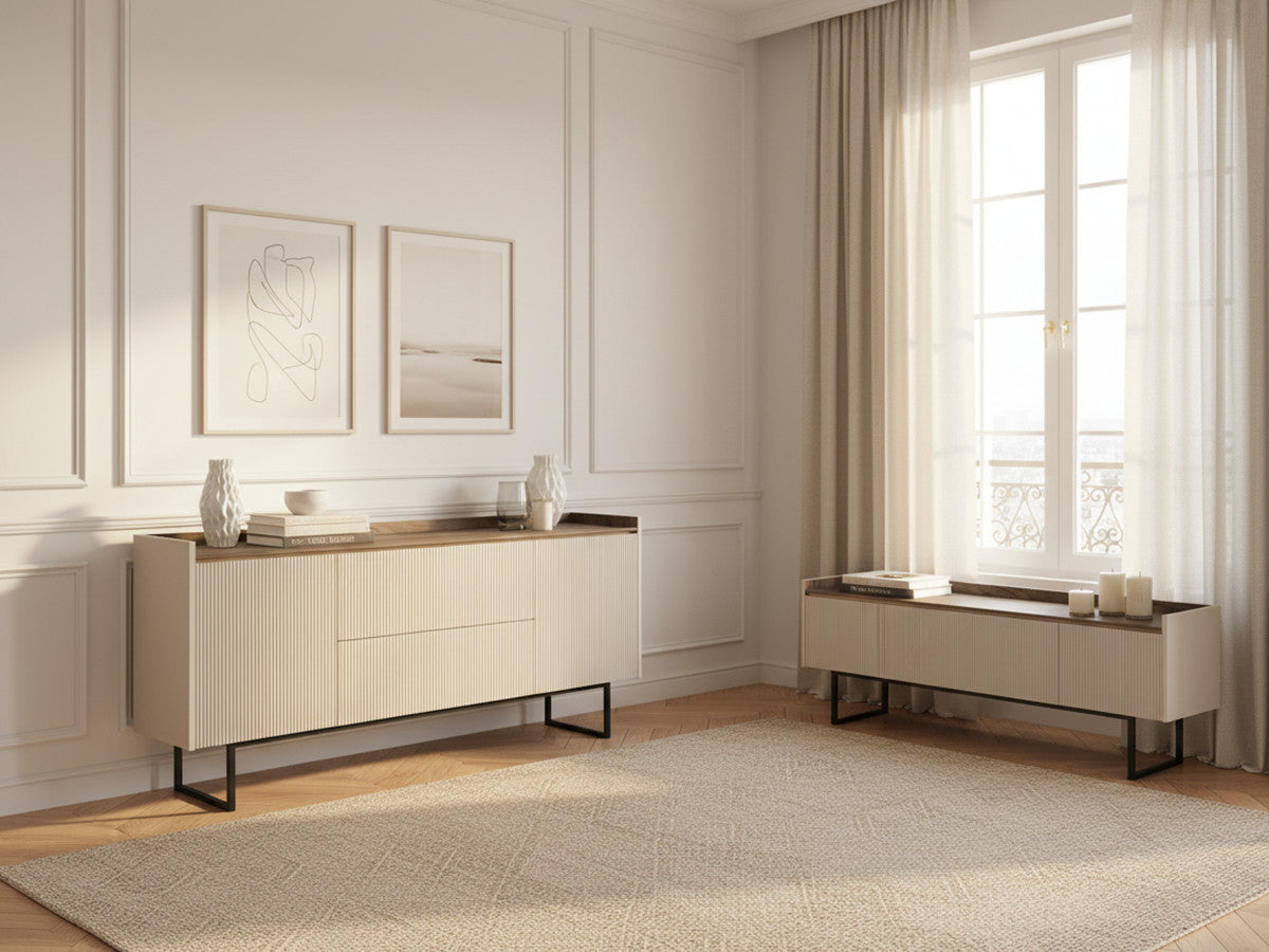 Ensemble LOUNA avec buffet 166 cm + meuble TV 166 cm beige et effet bois avec tasseaux et LED