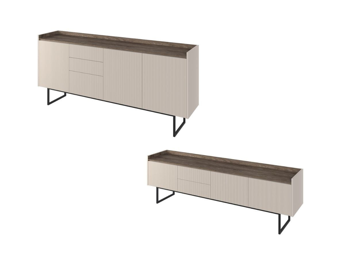Ensemble LOUNA avec buffet 192 cm + meuble TV 192 cm beige et effet bois avec tasseaux et LED