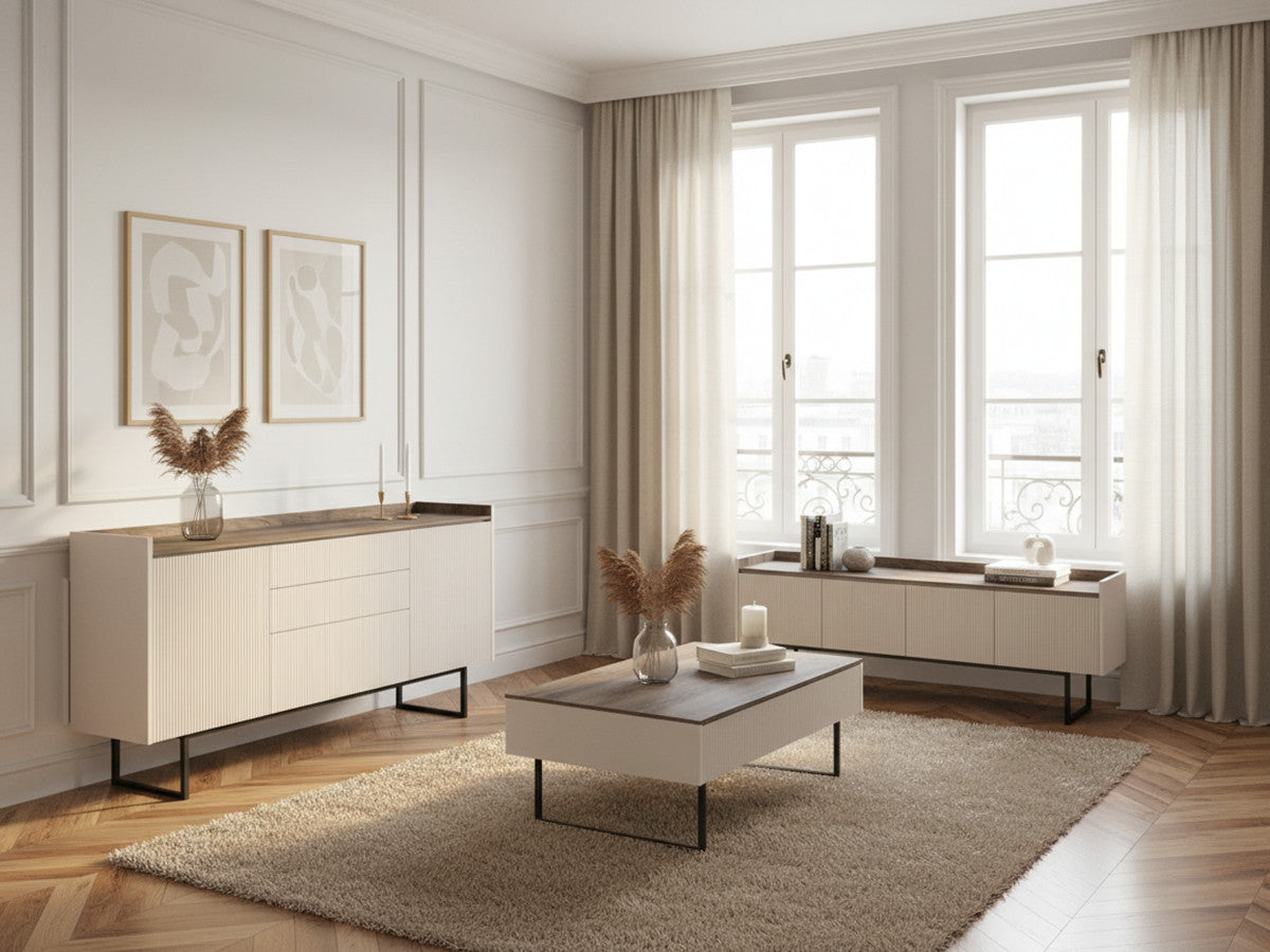 Ensemble LOUNA avec buffet 192 cm + meuble TV 192 cm + table basse beige et effet bois avec tasseaux et LED
