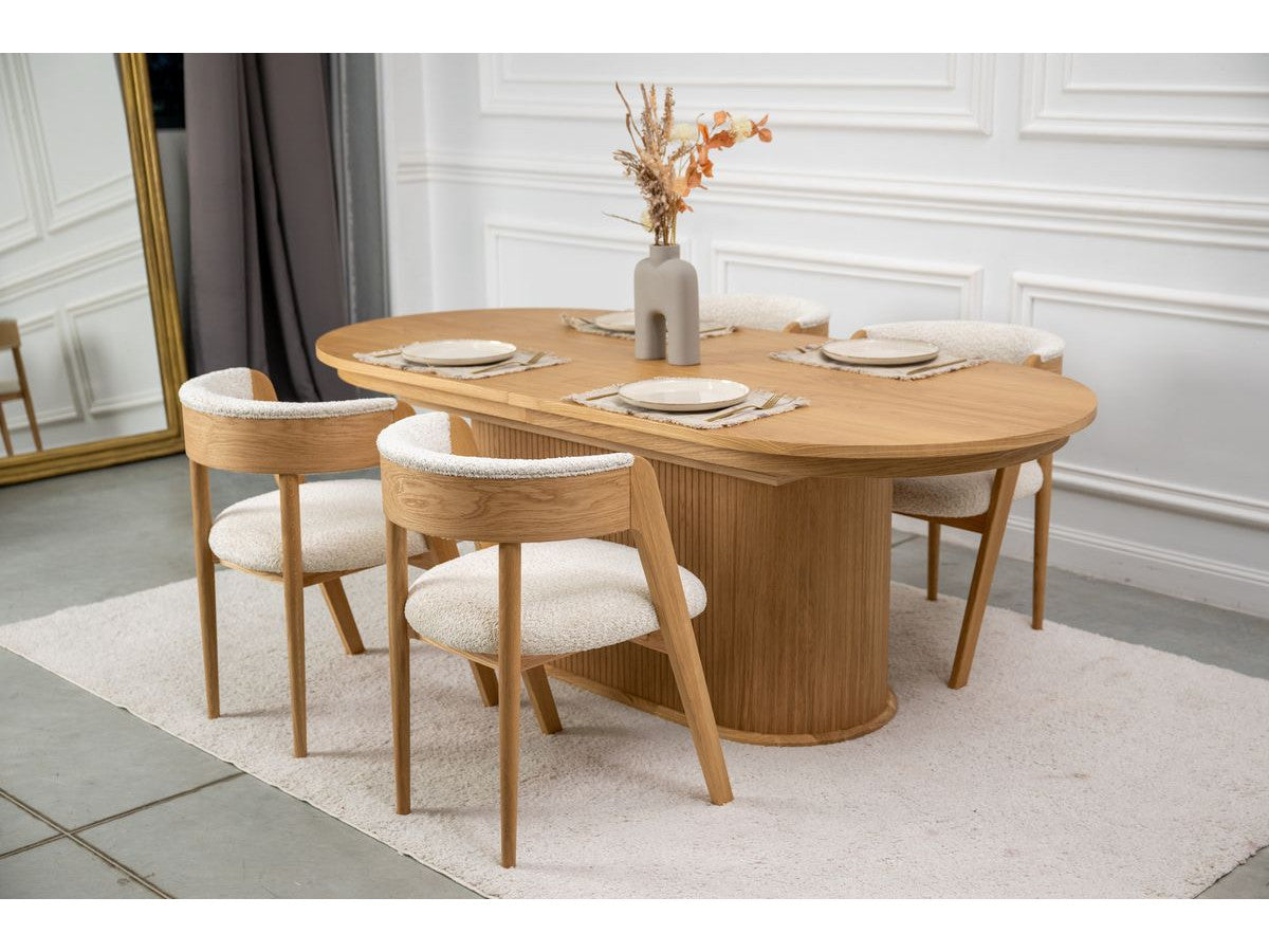 MALMOUSQUE set met uitschuifbare eettafel 210 tot 270 cm + 6 BASTIDE stoelen in massief eiken fineer