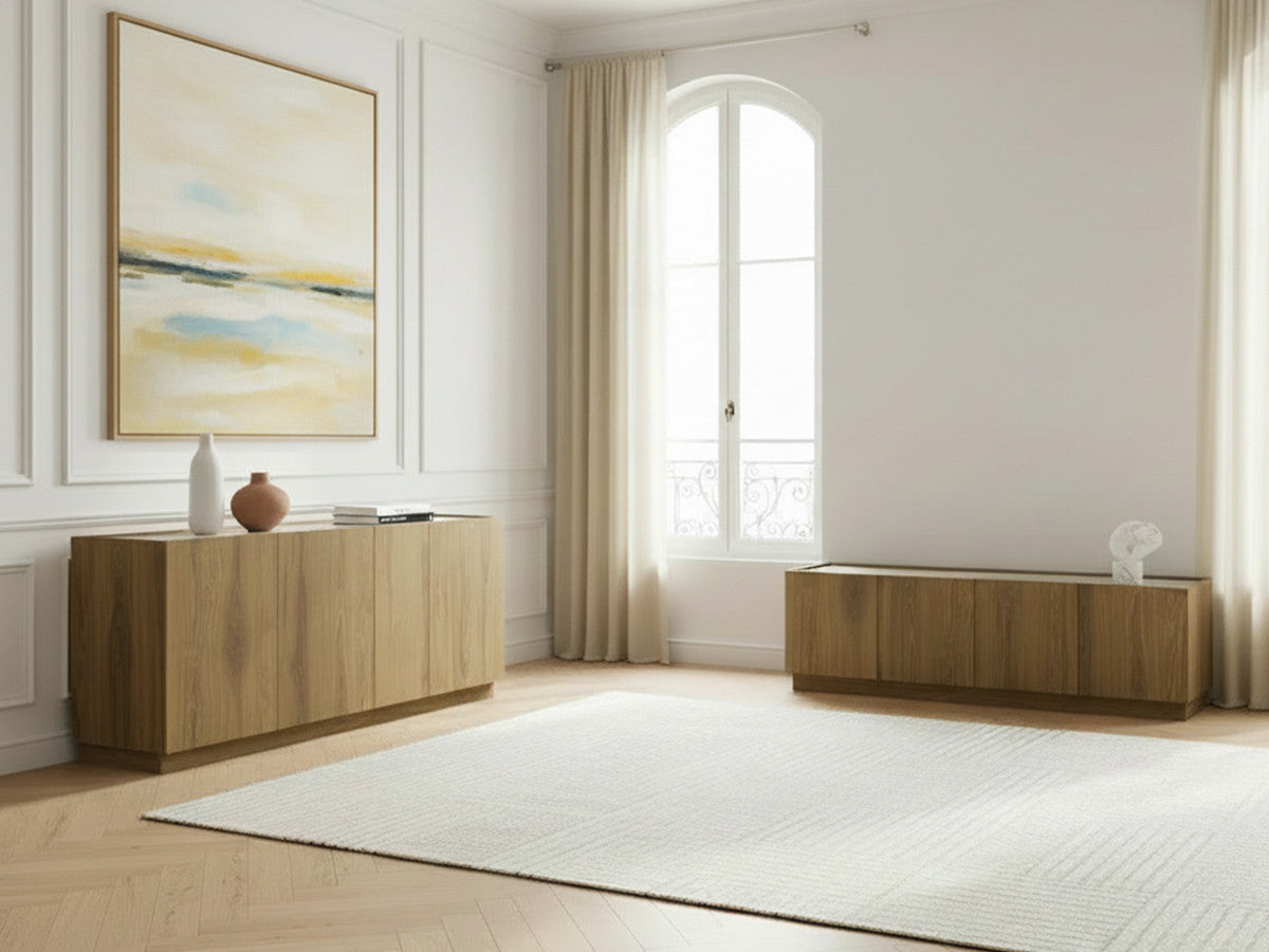 MARION set met dressoir 180 cm + tv-meubel 160 cm in eiken- en travertijnlook