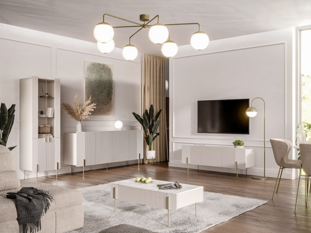 Ensemble MATHILDE avec buffet 150 cm + meuble TV 150 cm + table basse 100 cm plateau effet marbre et pieds or