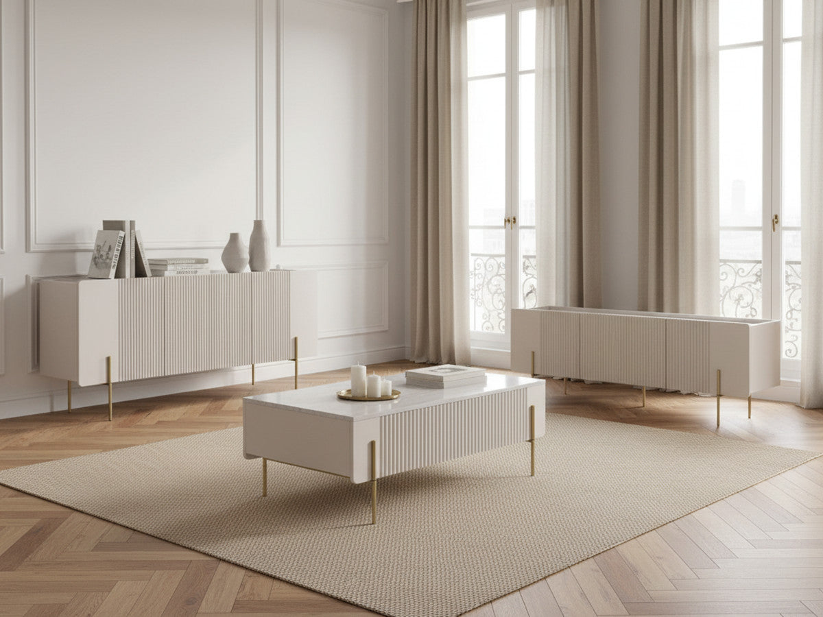 Ensemble MATHILDE avec buffet 150 cm + meuble TV 150 cm + table basse 100 cm plateau effet marbre et pieds or