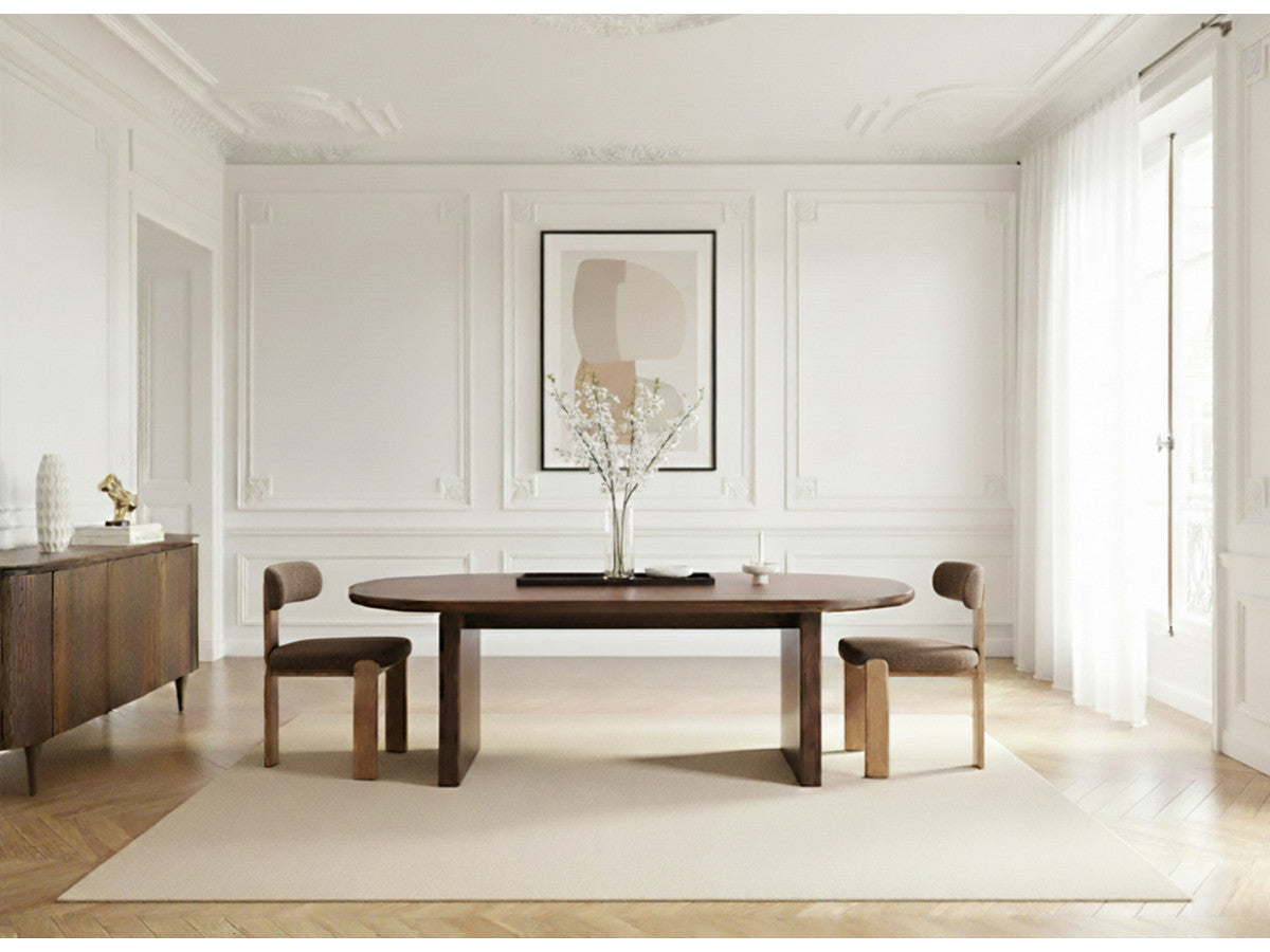PABLO set met ovale eettafel 220 cm in notenhoutfineer + TANYA stoelen in structuurstof
