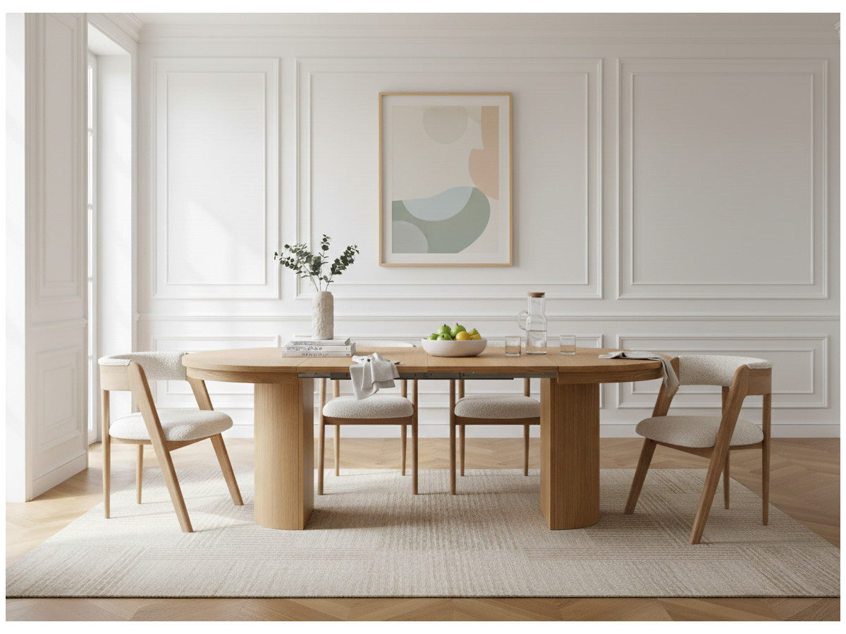 PRADO set met uitschuifbare eettafel 110 tot 210 cm + 4 BASTIDE stoelen in massief eiken fineer