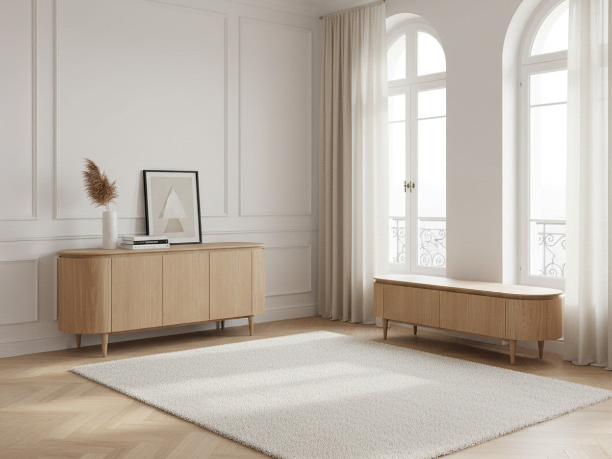 SORMIOU set met 180 cm dressoir + 180 cm tv-meubel in massief eiken fineer