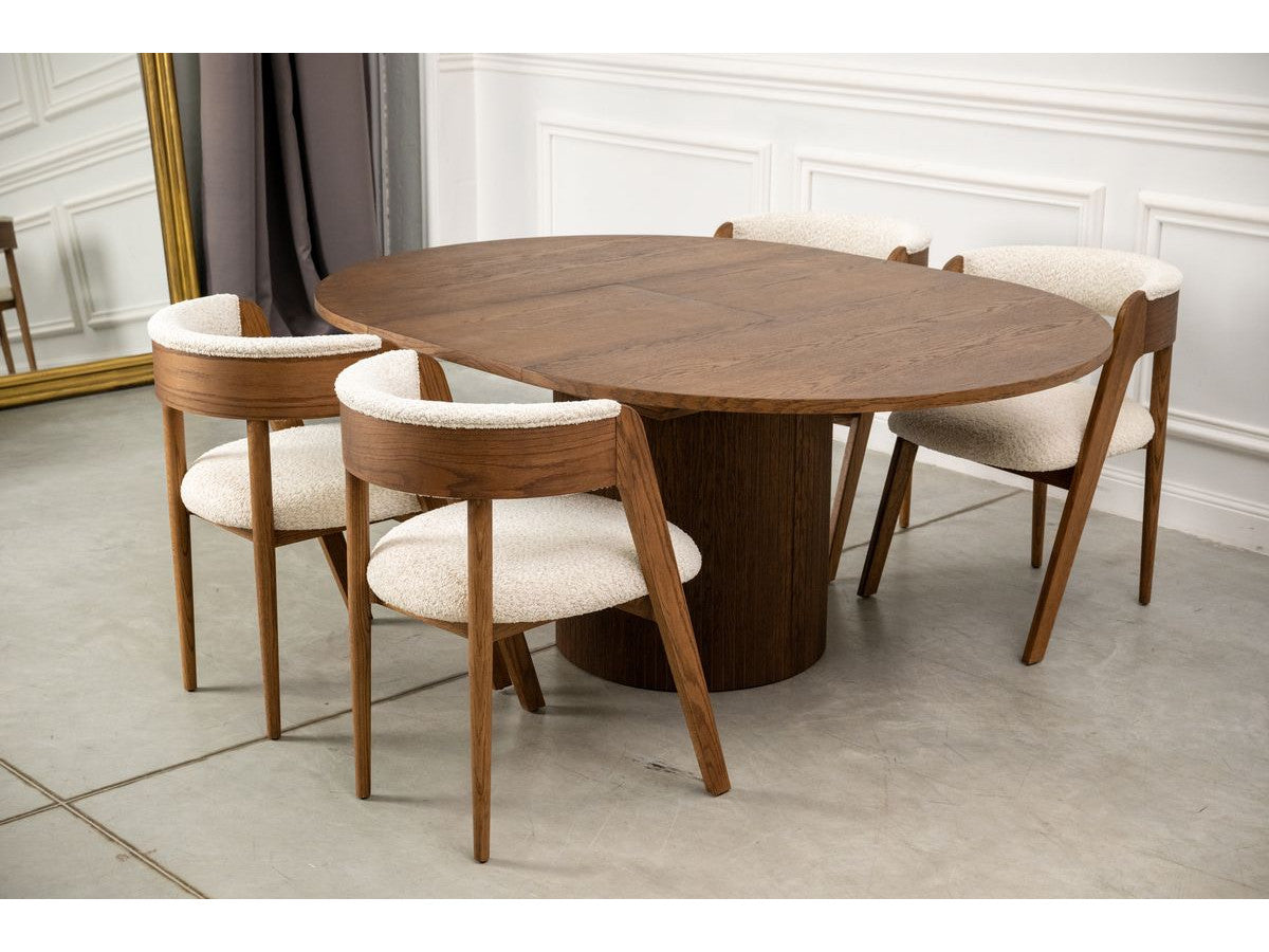SORMIOU set met ronde eettafel uitschuifbaar van 130 tot 180 cm + 4 BASTIDE stoelen in massief eiken fineer